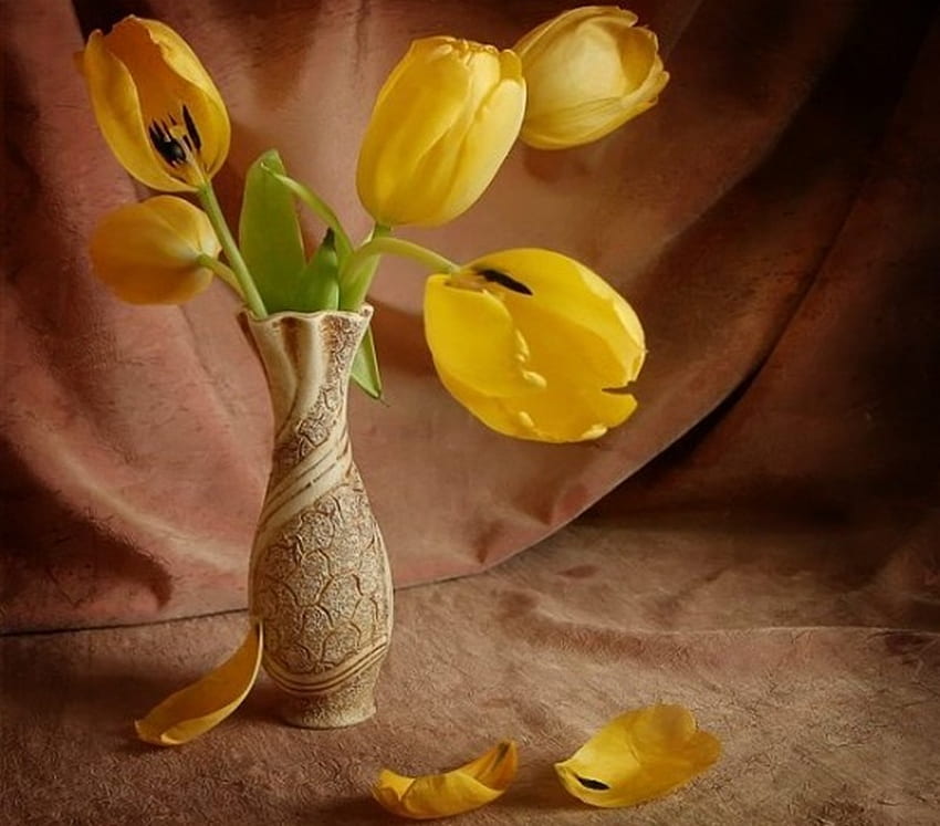 yellow tulip, vase, tulip, nice, yellow HD wallpaper