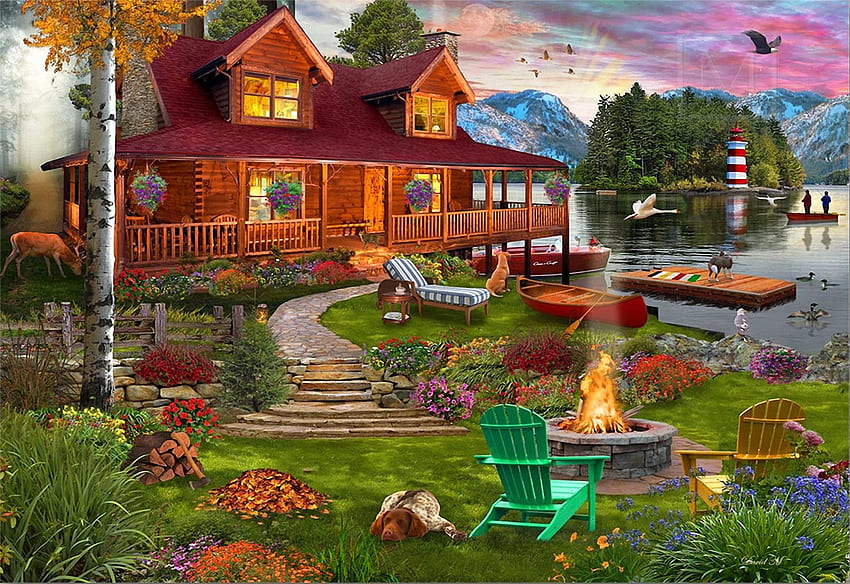 Cottage Retreat, куче, произведения на изкуството, столове, лодка, , лагерен огън, езеро, хижа HD тапет