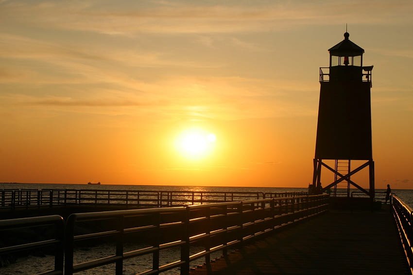 Burnt from the Sun , pier, lighthouse, orange, sunset HD wallpaper
