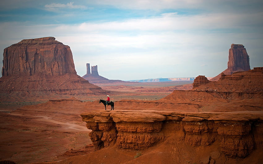 cowboy west hat people places nature landscapes canyon cliffs desert sky clouds mood HD wallpaper