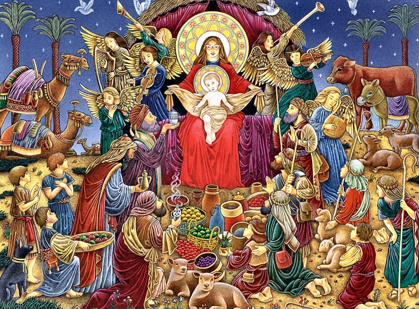 การประสูติของพระเยซู F1 วัว นกพิราบ โอกาส วันหยุด อูฐ ทัศนีย จิตรกรรม แกะ นักปราชญ์ คนเลี้ยงแกะ พระคริสต์ ธันวาคม ศิลปะ พระเยซู สวย ประกอบ เทวดา งานศิลปะ จอกว้าง คริสต์มาส ลา วอลล์เปเปอร์ HD
