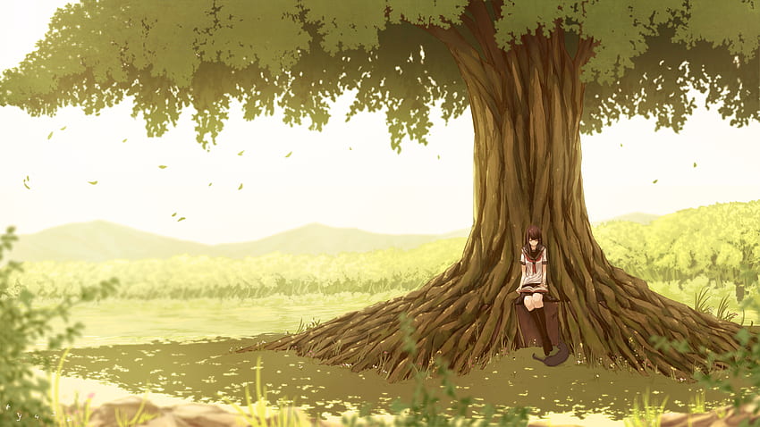 Anime Girl, Giant Tree, Reading A Book, Scenic, Landscape for iMac 27 inch HD wallpaper