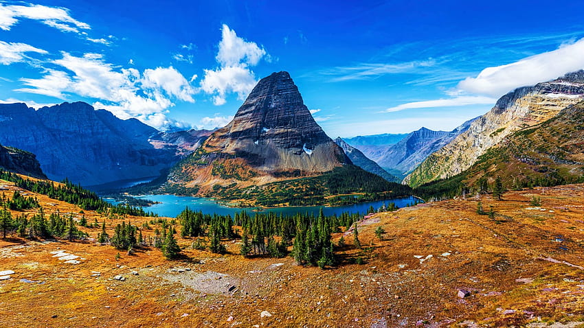 숨겨진 호수, 빙하 국립 공원, 산, 미국, 몬태나, 나무, 구름, 풍경, 하늘 HD 월페이퍼