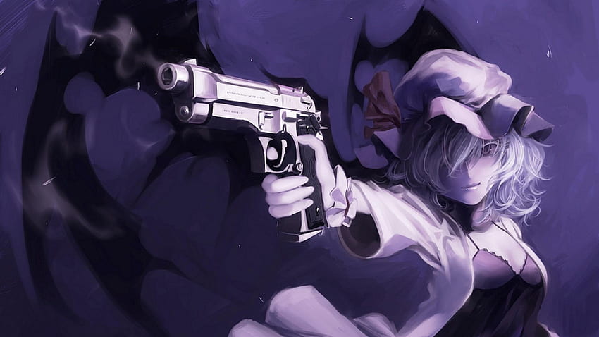 レミリア・スカーレット、翼、ゲーム、紫色の背景、ピストル、孤独、アニメ、白髪、武器、東方、ビデオゲーム、銃、女性 高画質の壁紙