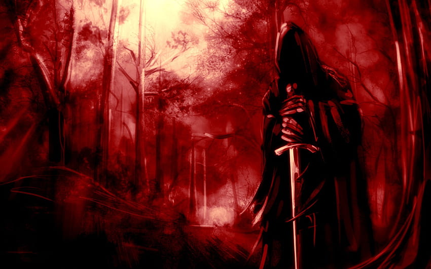 Dunkle Sensenmann-Horror-Skelette Schädel-gruselige Waffen - Sensenmann-Rot, gruseliges Rot HD-Hintergrundbild