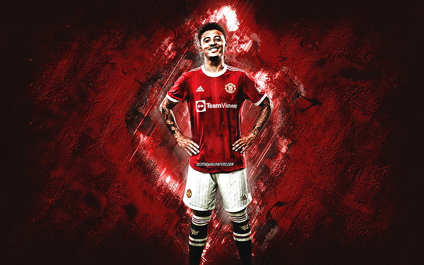 Jadon Sancho, Manchester United FC, joueur de football anglais, art grunge, fond de pierre rouge, football, Angleterre Fond d'écran HD