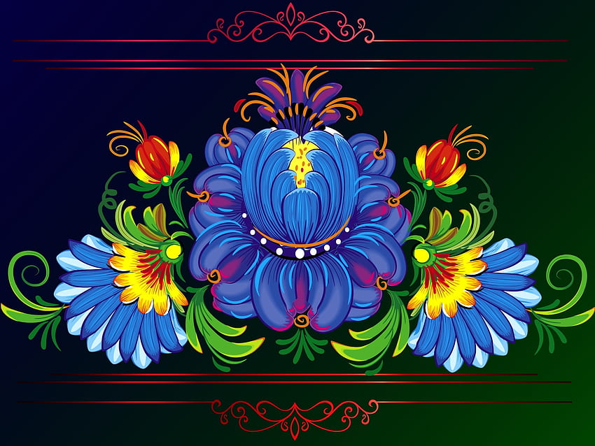 Flower Fantasy, Black, Flowers, Blue, Ornament, Colorful HD тапет