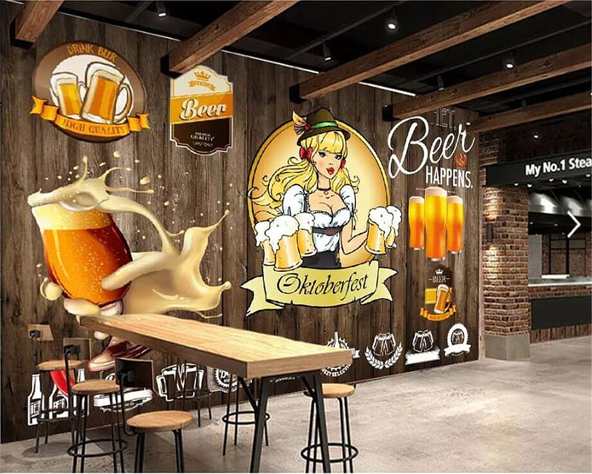 Beibehang Benutzerdefinierte große 3D-Retro-Biermädchen-Holzplatte, die Café-Bar-Hintergrundwand papel de parede speist., italienisches Café HD-Hintergrundbild