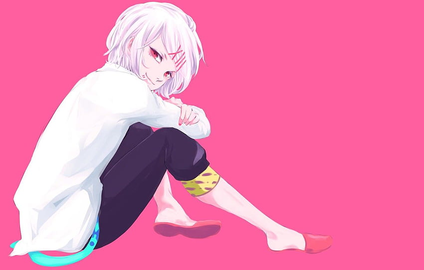 boy, art, Anime, sitting, Anime, pink background, clips, Tokyo Ghoul, Tokyo To, Tokyo Ghoul, Juuzou Suzuya for , section сэйнэн HD wallpaper