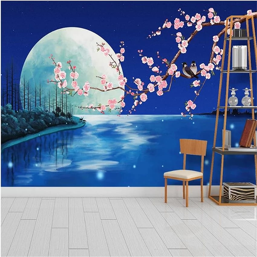 Fantasy blue moonlight flower and bird plum background wall decoration painting beautiful scenery . HD phone wallpaper