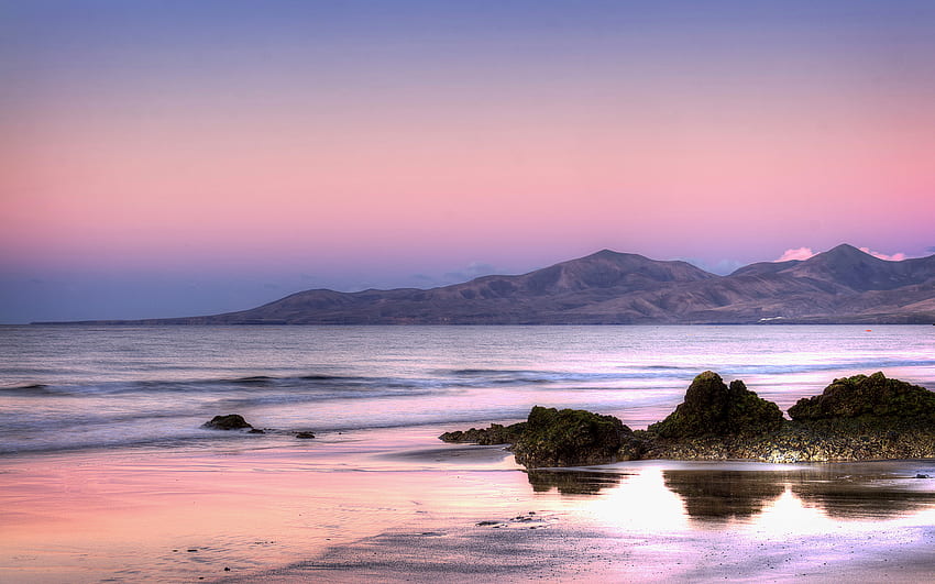 Sunrise, sea, sand, pink sunset, landscape, colors, rocks, beach, reflection, clouds, nature, sky, ocean HD wallpaper