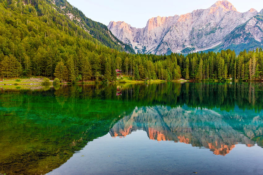 Lake Fusine, Italy, mirror, hills, beautiful, Italy, serenity, mountain, cabin, emerald, reflection, Lake, trees, chalet, water, forest HD wallpaper