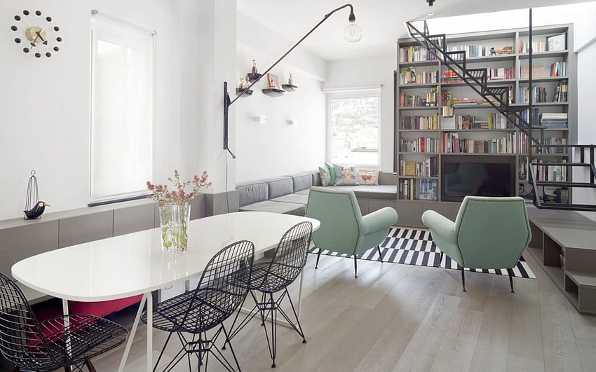interni moderni, soggiorno, design elegante dell'appartamento, biblioteca nel soggiorno, progetto del soggiorno, idea del soggiorno Sfondo HD