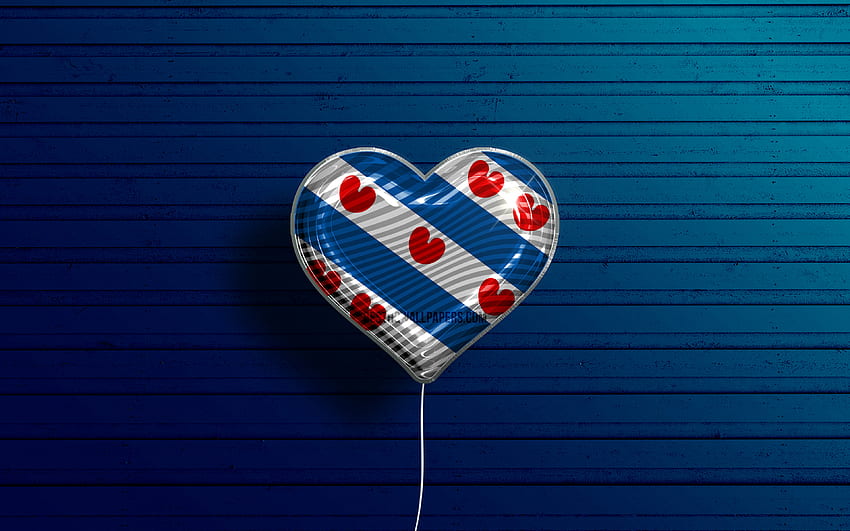 Saya Suka Friesland,, balon realistis, latar belakang kayu biru, Hari Friesland, provinsi belanda, bendera Friesland, Belanda, balon dengan bendera, Provinsi Belanda, bendera Friesland, Friesland Wallpaper HD
