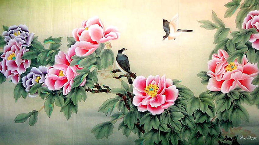 Flower: Chinese Florals Flowers Birds Painting Pink Summer Peonies, Oriental Theme HD wallpaper