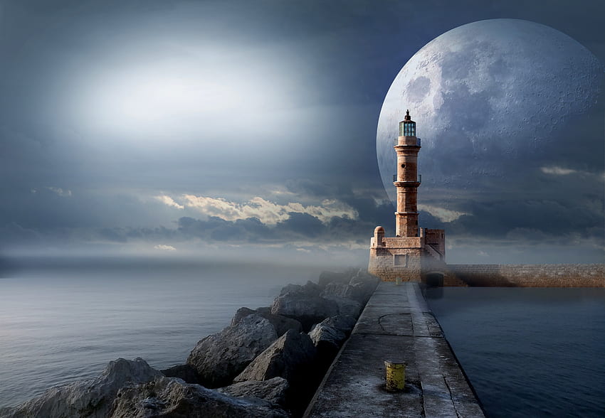 Fantasy, Sea, Moon, Pier, Lighthouse HD wallpaper