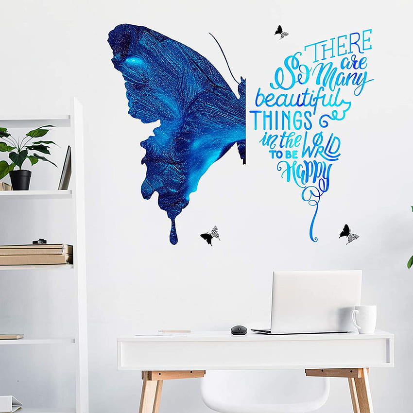 Adesivo da parete farfalla blu per essere felici Citazioni ispiratrici Stickers murali Grande animale Wall Art Peel and Stick per camera da letto Soggiorno Decorazione della parete dell'ufficio Sfondo del telefono HD