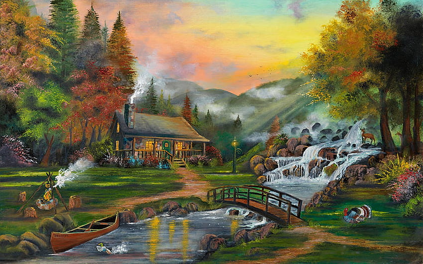 Smokey Mountain Majesty, rio, cores, cabine, obra de arte, pintura, cachoeira, ponte, árvores, céu, montanhas, pôr do sol papel de parede HD