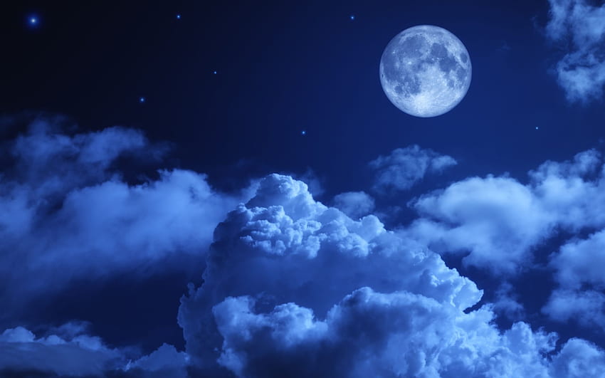 A big moon in the night sky with white clouds HD wallpaper