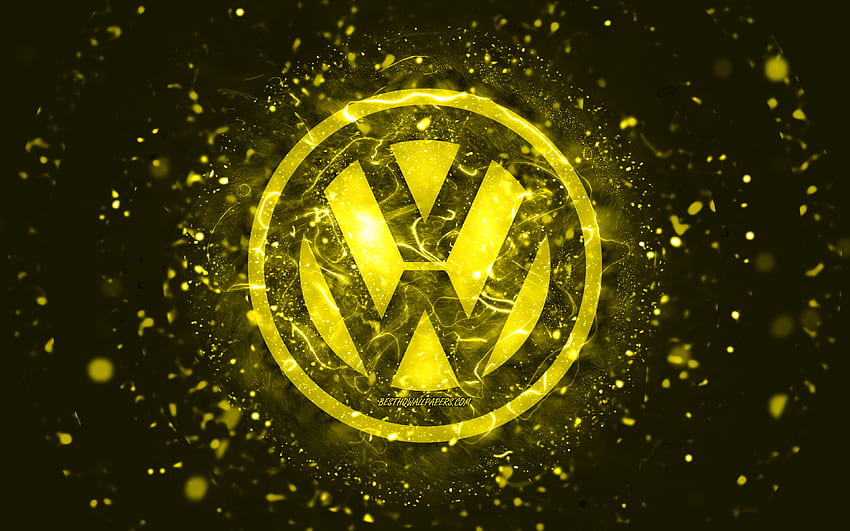 フォルクスワーゲンの黄色のロゴ、黄色のネオン、クリエイティブ、黄色の抽象的な背景、フォルクスワーゲンのロゴ、車のブランド、フォルクスワーゲン 高画質の壁紙