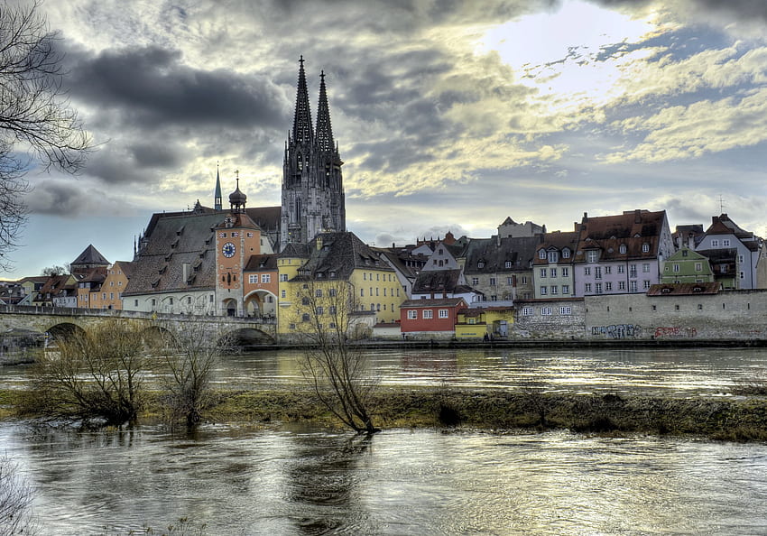 Regensburg, Germany, Rivers, Bavaria, R, Clouds HD wallpaper