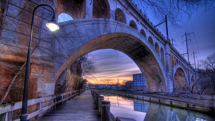 bridge over the manayunk canal in philadephia r, canal, boardwalk, lights, bridge, tracks, r, dusk HD wallpaper