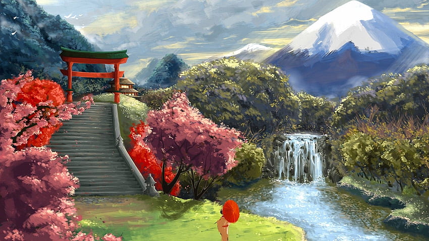cachoeira rio montanha arte templo gueixa, paisagem asiática papel de parede HD