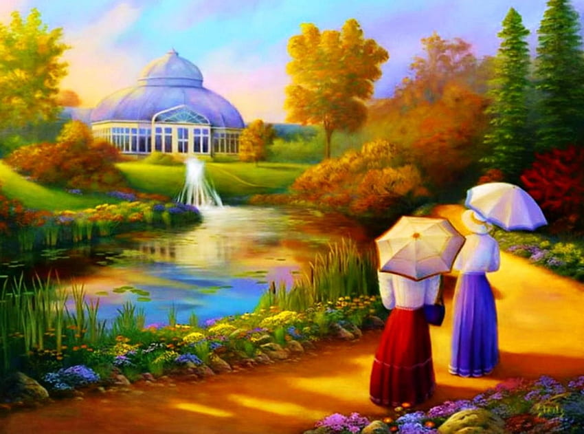 LADIES on a VACATION, painting, plants, art, house, nature, water, pond HD wallpaper