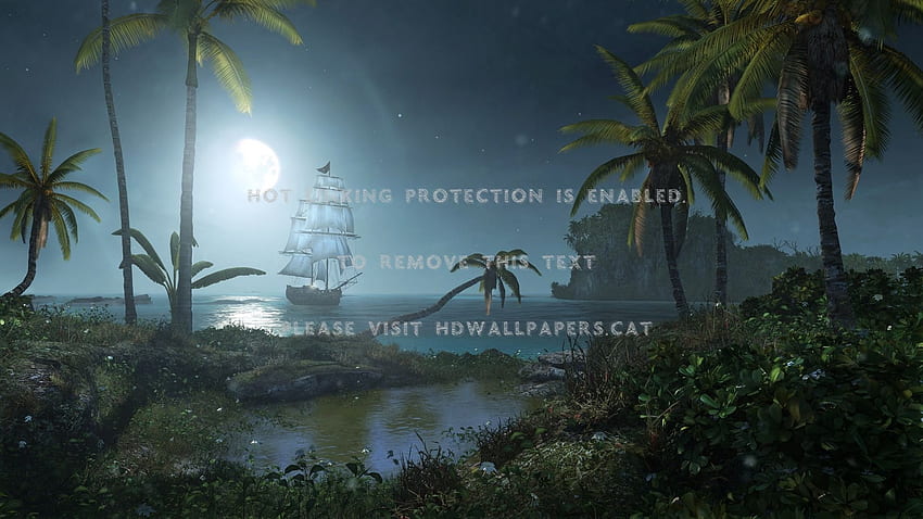 pirate's cove ship night island abstract HD wallpaper