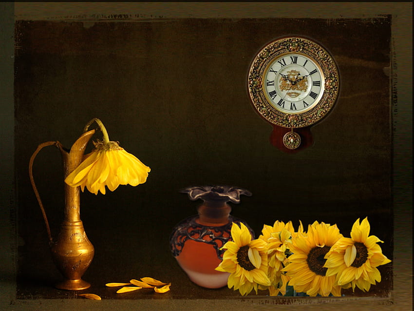 hora de un cambio, naturaleza muerta, reloj de pared, jarrones, girasoles, flores fondo de pantalla