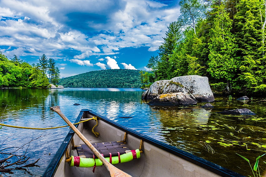 Fluss in Quebec, Kanada, Boot, Wolken, Bäume, Himmel, Wasser HD-Hintergrundbild