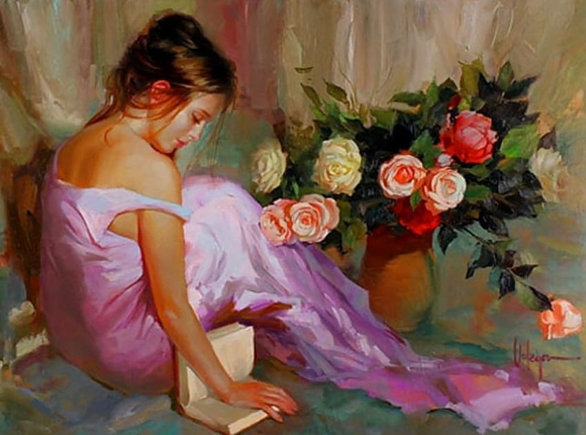 Painting, colorful, art, beautiful, sit, dress, woman, pink, book, young, artist, Vladimir Volegov, flowers, painter HD wallpaper