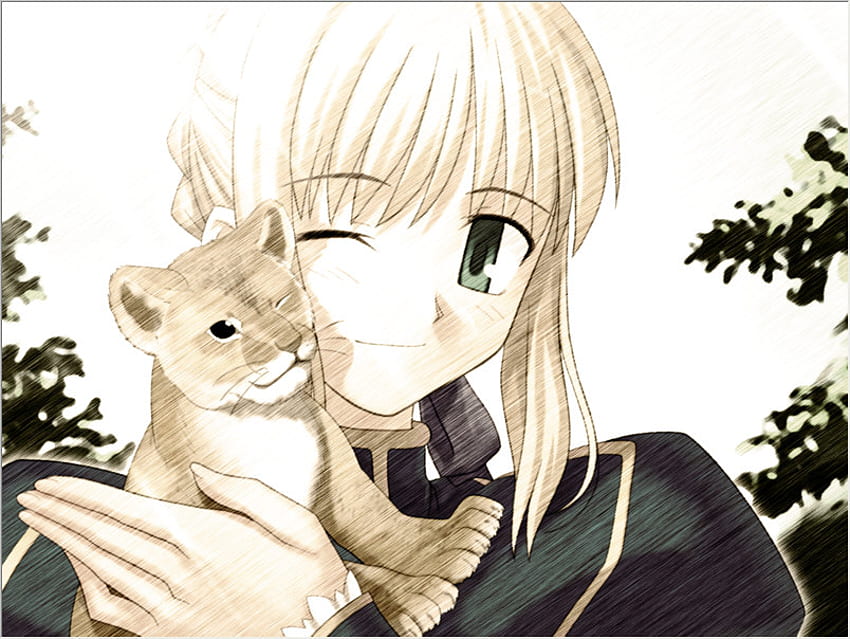 Saber's Pet, smile, cute, knight, girl, fate stay night, lion, saber, anime, king, kid, game, forest HD wallpaper