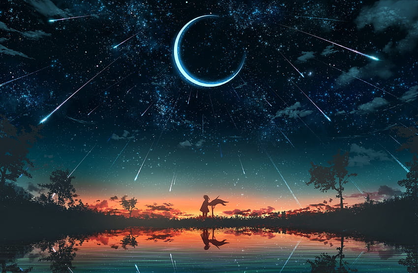 Anime, original, night, crescent, silhouette, star trails HD wallpaper
