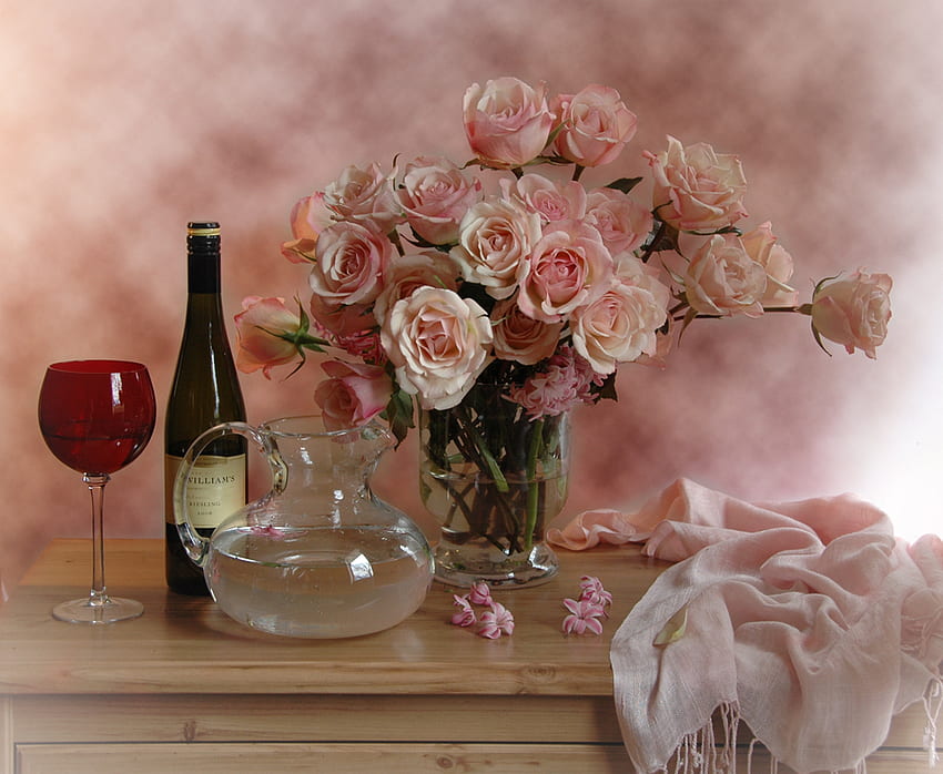 still life, graphy, hyacinths, beauty, nice, flower, glass, , water, flower bouquet, roses, vase, jug, pink, cool, scarf, wine, harmony HD wallpaper