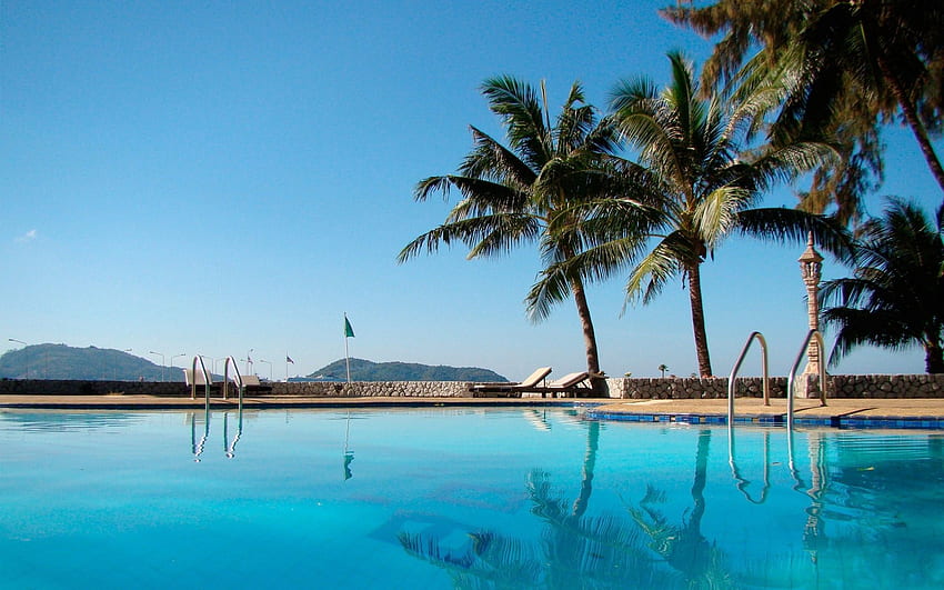 Natura, palmy, odpoczynek, relaks, kurort, willa, błękitna woda, basen, hotel Tapeta HD