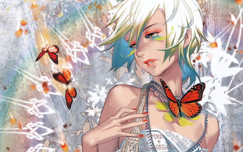 Monarch March, raja, anime, kupu-kupu, rambut pendek, ikat, gadis, maret, perempuan Wallpaper HD