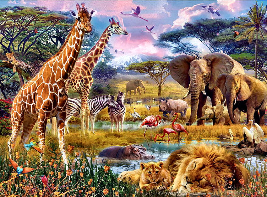 Savannah Animals F, animal, arte, elefantes, fauna, hermosa, ilustración, jirafa, leones, naturaleza, obra de arte, sabana, pintura, ancha, pintura, sabana fondo de pantalla