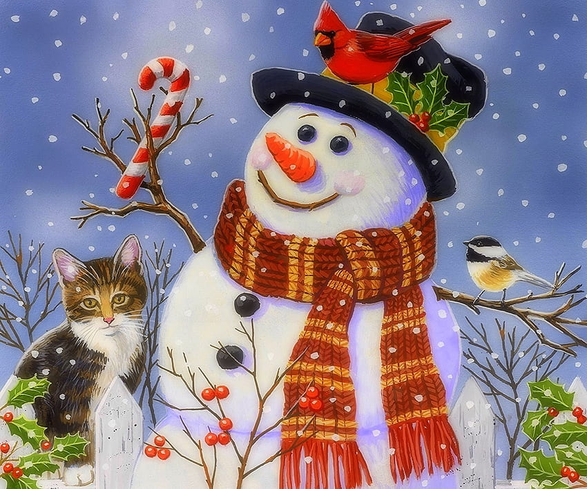 Pupazzo di neve e gattino, gattino, inverno, vacanze, uccelli, vacanze invernali, gatto, amore quattro stagioni, Natale, neve, natale e capodanno Sfondo HD