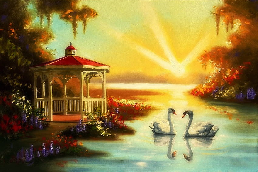 Swans at Dawn, sun, river, painting, reflection, gazebo, trees HD wallpaper