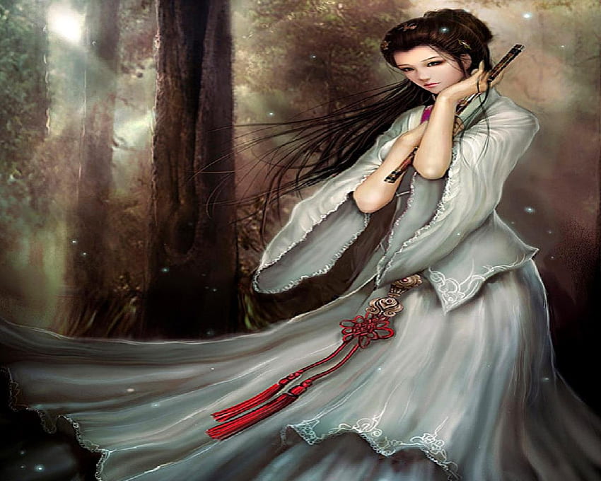 A Lovely Lady, grey dress, flute, woods, woman HD wallpaper