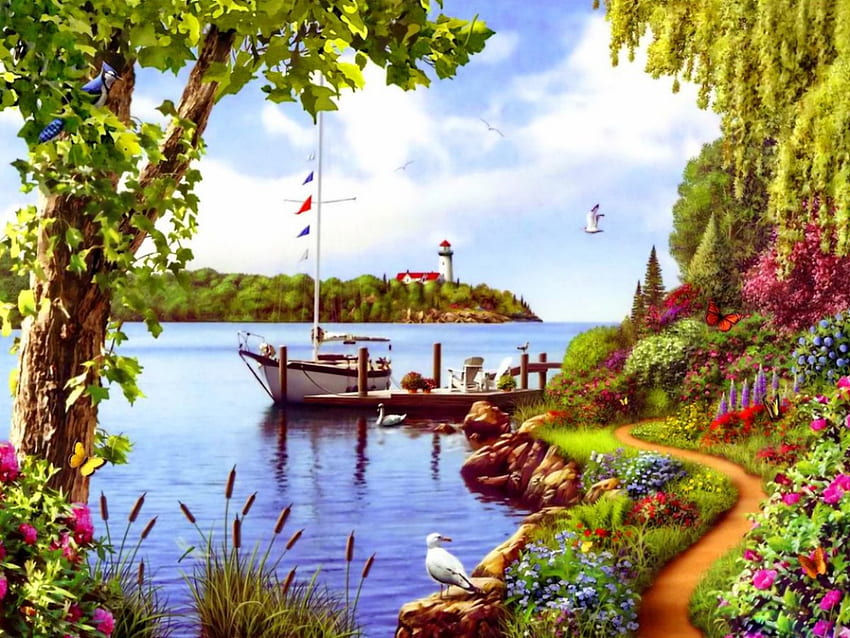 Дни на лодка, лодка, цветен, пролет, спокойствие, бряг, отражение, , спокойствие, изкуство, ловене, красиво, трева, езеро, лято, дни, почивка, небе, цветя, върба HD тапет