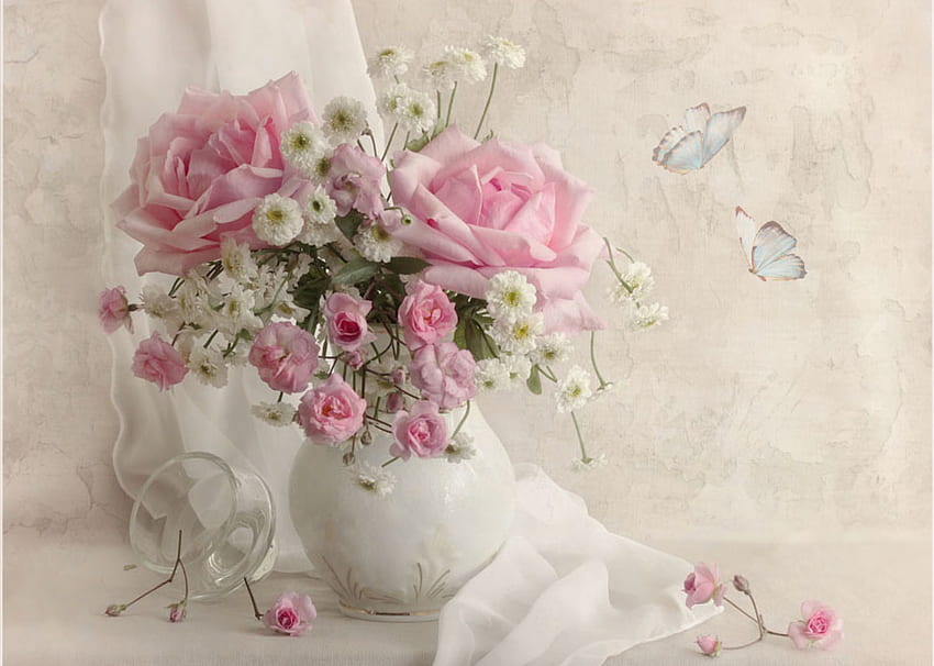 Still life, bouquet, graphy, colors, beauty, nice, rose, delicate, butterfly, flower, , white, roses, elegantly, soft, beautiful, gently, pink, pretty, cool, flowers, scarf, lovely, harmony HD wallpaper