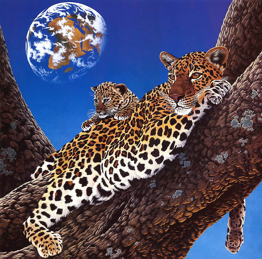 แม่เสือดาวและลูกศิลปะโดย William Schimmel, อวกาศ, แม่เสือดาว, ลูก, ต้นไม้ วอลล์เปเปอร์ HD