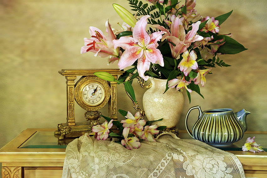 Lilies, still life, flowers, old fashion HD wallpaper