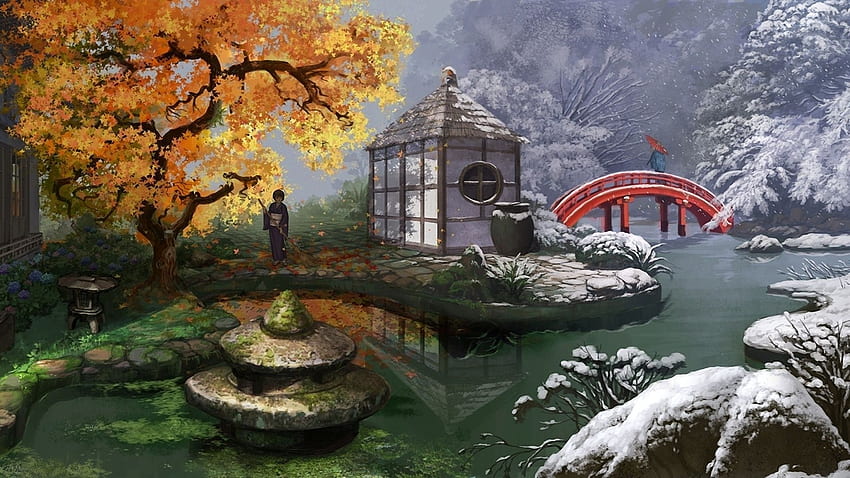 Прочие обои на рабочий стол - «Зима и осень в японском саду». Pemandangan Jepang, Lukisan Taman Jepang, Taman Jepang, Pemandangan Jepang Wallpaper HD