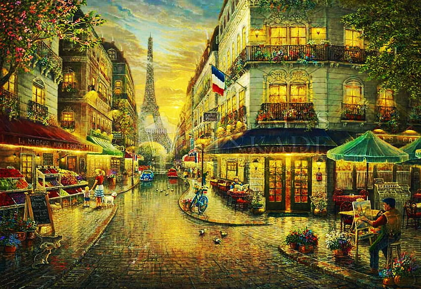 Paris Café, eiffel tower, tables, street, houses, people, shops,  restaurant, chairs, artwork, painting HD wallpaper | Pxfuel