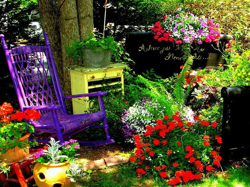 Always Kiss Me Goodnight - A Garden Vignette, colorful, scene, graphy, art, garden, quote, vignette, purple, yellow, red, flowers, display HD wallpaper