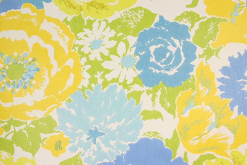 1970s Retro Vintage Blue Yellow Flowers HD wallpaper