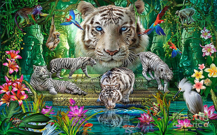 White Tiger Temple, digital, parrots, plants, art, monkeys, flowers, tigers HD wallpaper